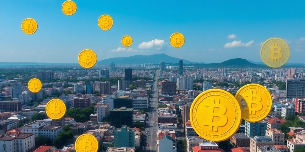 Aerialaufnahme von San Salvador mit Bitcoin-Symbolen.