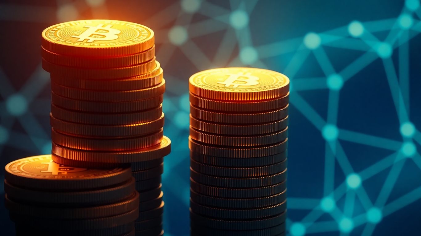 Bitcoin-Münzen stapeln sich hoch, mit abstrakten geometrischen Formen.