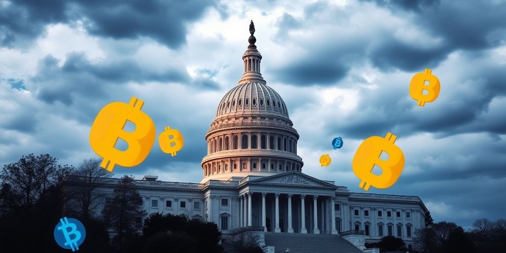 US-Kapitol mit digitalen Währungssymbolen und dunklen Wolken.