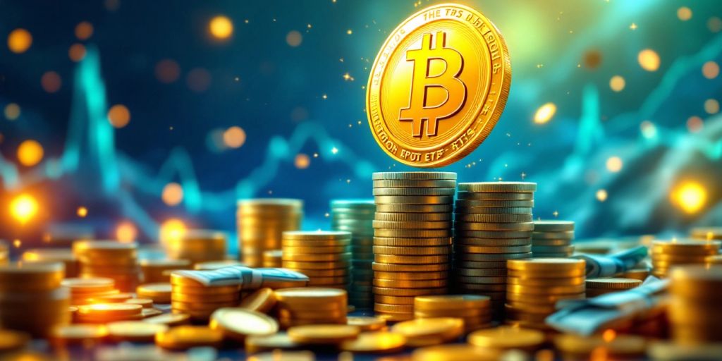 Goldene Bitcoin umgeben von Geldscheinen und Münzen.