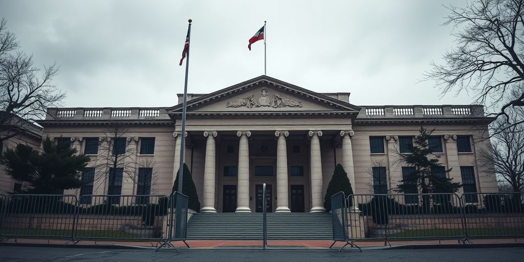 Regierungsgebäude mit Traueratmosphäre nach Krypto-Krise.