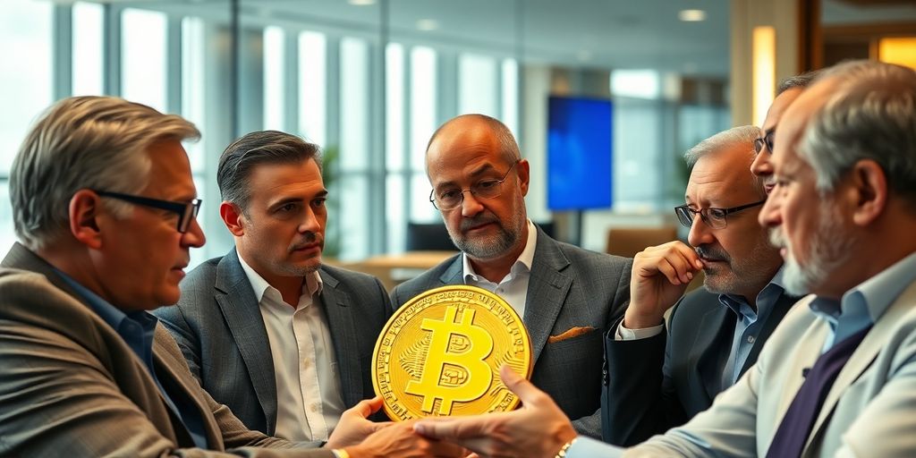 Reiche Menschen im Gespräch über Bitcoin und Investments.
