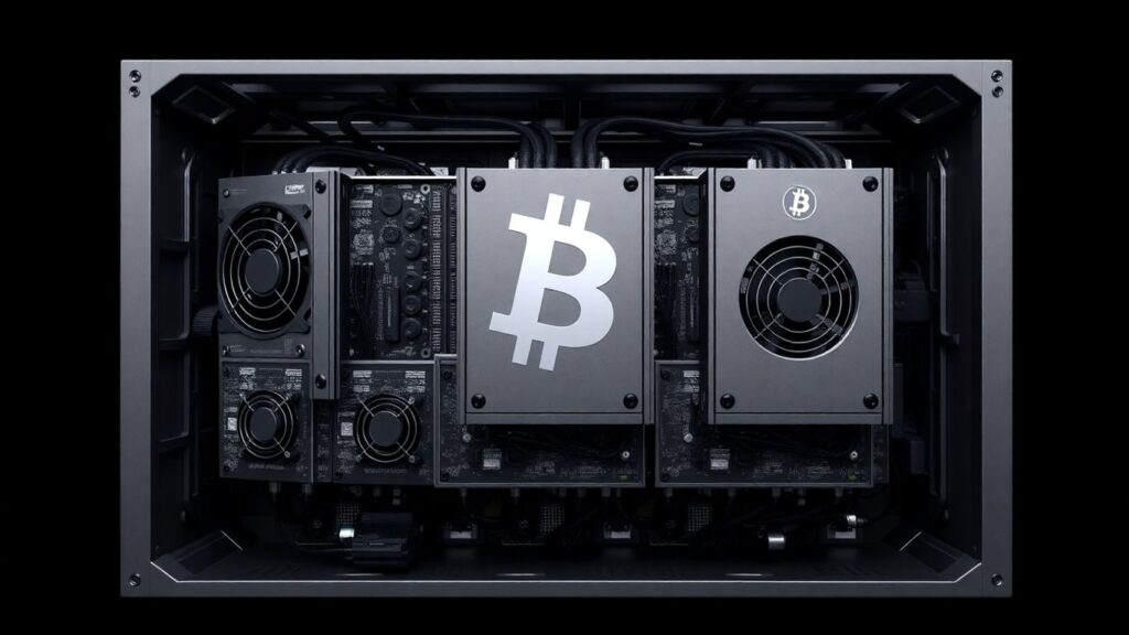 Modulares Bitcoin-Mining-Rig mit Kühlventilatoren und Schaltkreisen.