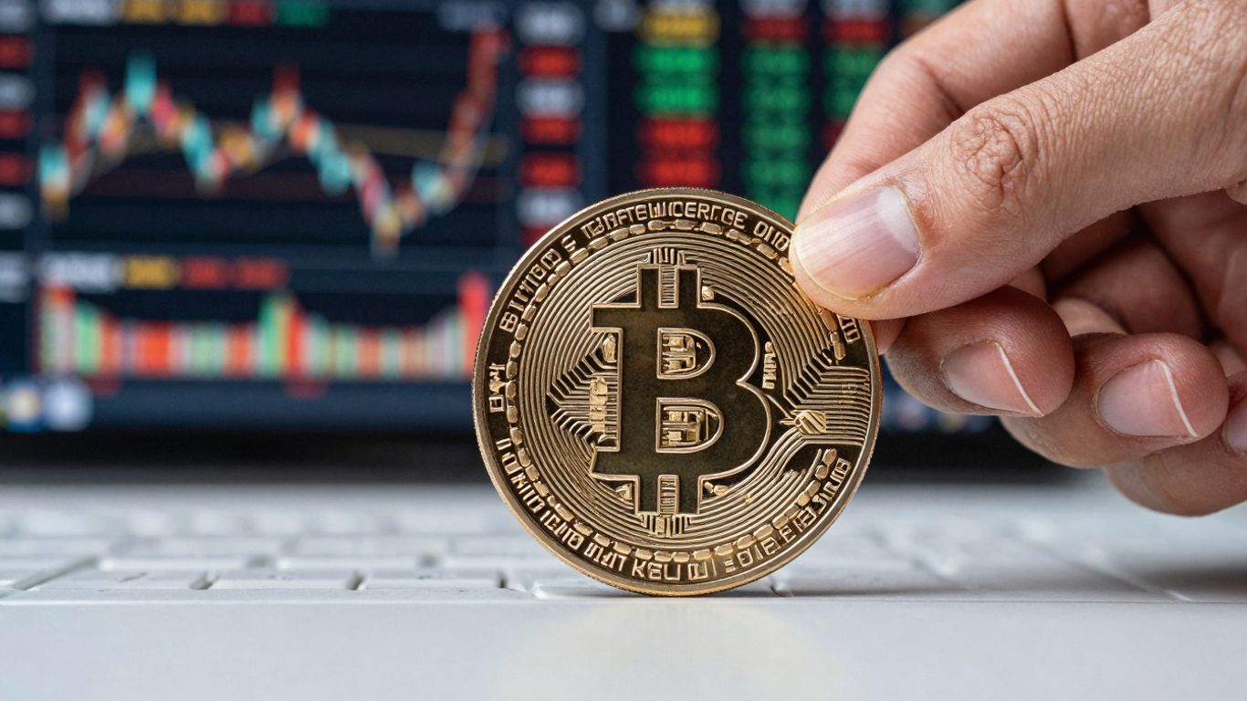 Bitcoin Münze in Hand, Börsenparkett im Hintergrund.