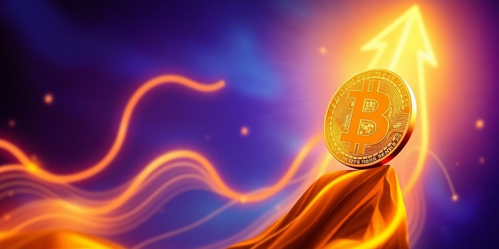 Bitcoin-Symbol mit aufsteigendem Hintergrund in Goldtönen.