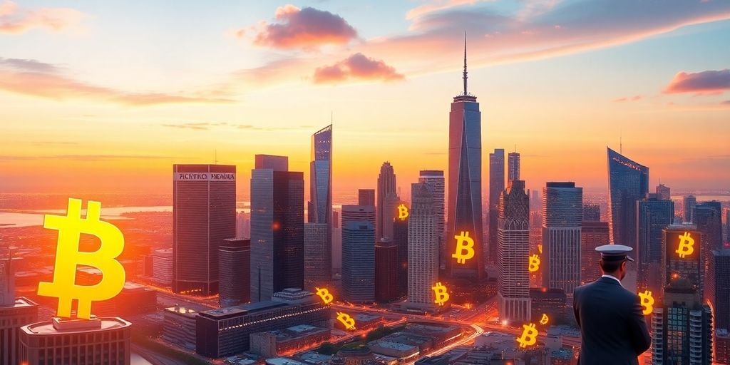 Futuristische Stadt mit Bitcoin-Symbolen und Blockchain-Elementen.