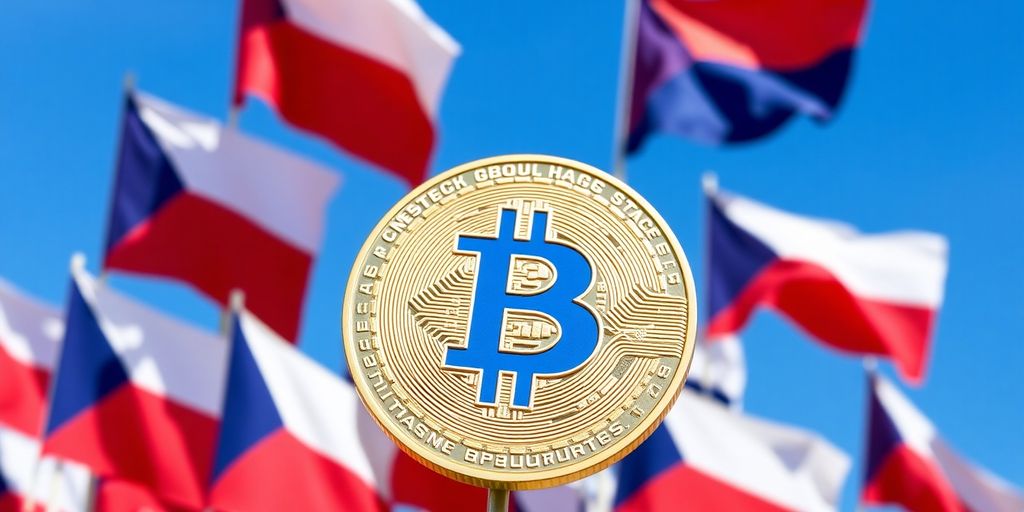 Bitcoin-Münze vor tschechischen Flaggen