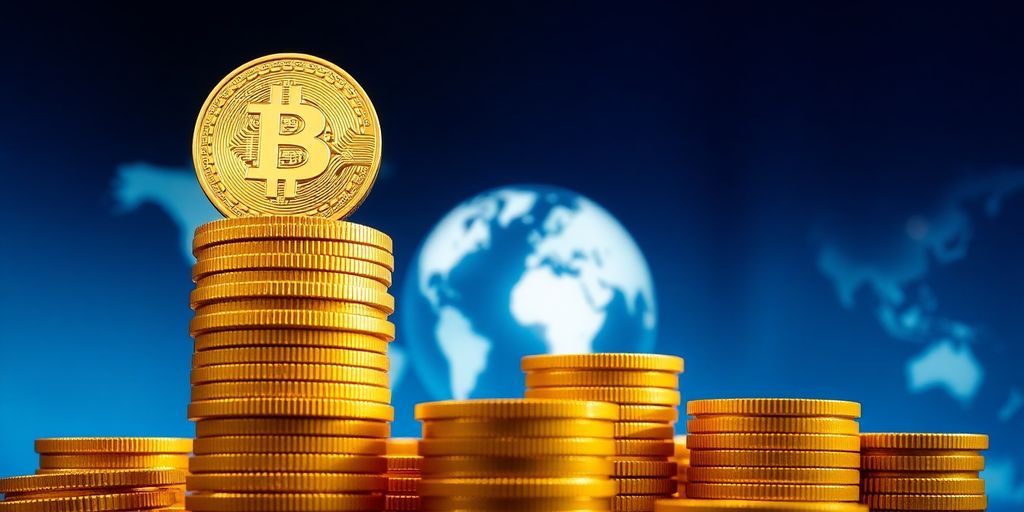 Bitcoin-Münzen vor Weltkugel
