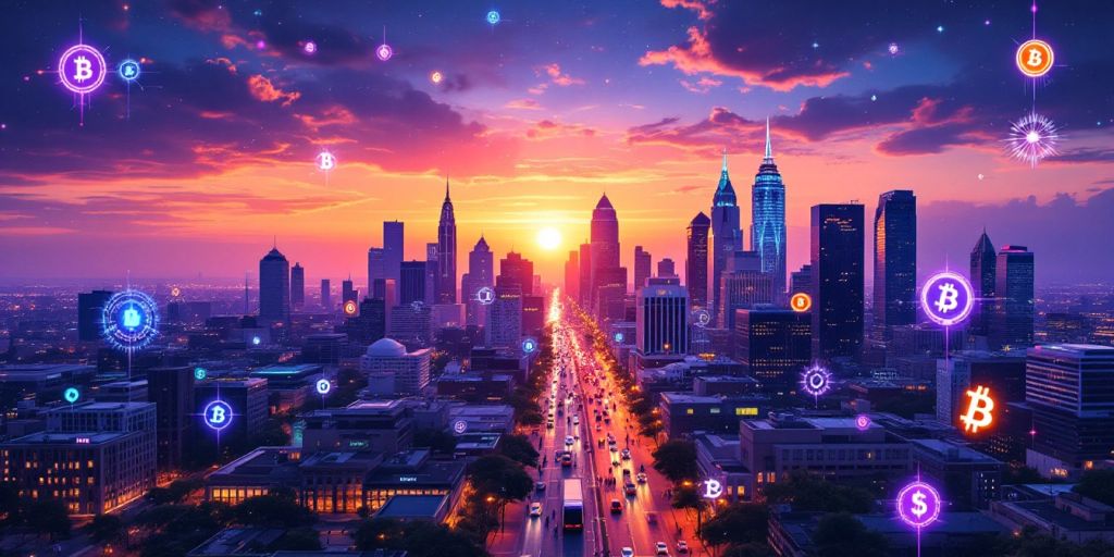 Texas Skyline mit Bitcoin und Kryptowährungen bei Sonnenuntergang.