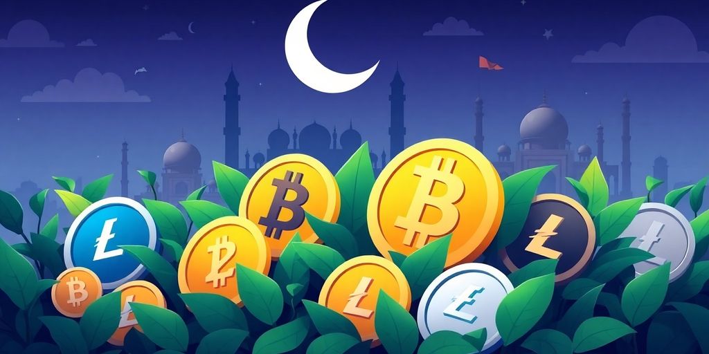 Kryptowährungen mit Pflanzen und pakistanischen Wahrzeichen im Hintergrund.