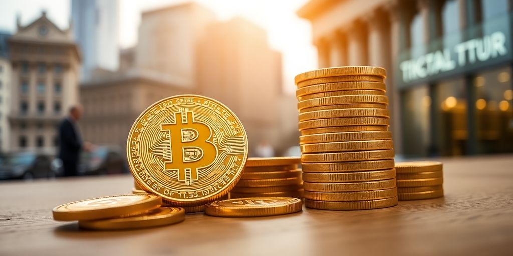 Bitcoin-Münzen auf einem Holztisch in warmem Licht.