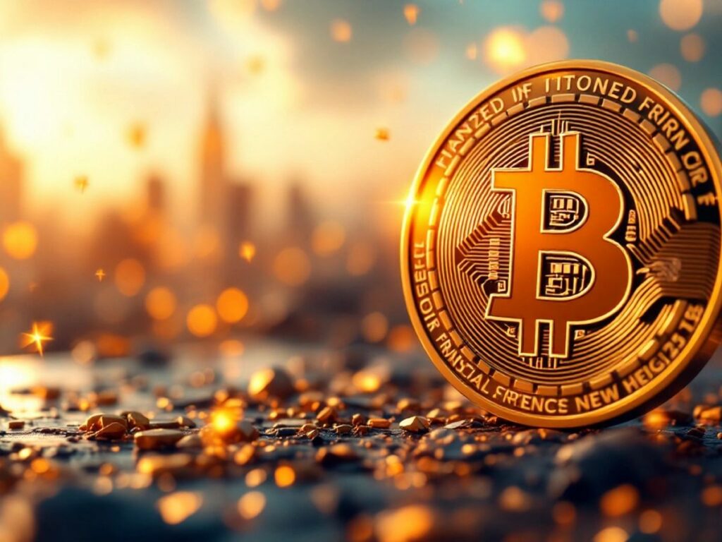 Goldene Bitcoin-Münze vor verschwommenem Stadtbild.