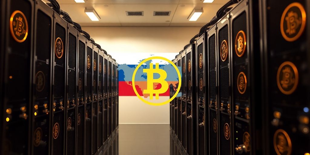 Bitcoin-Mining-Geräte und eine Weltkarte mit Russland.