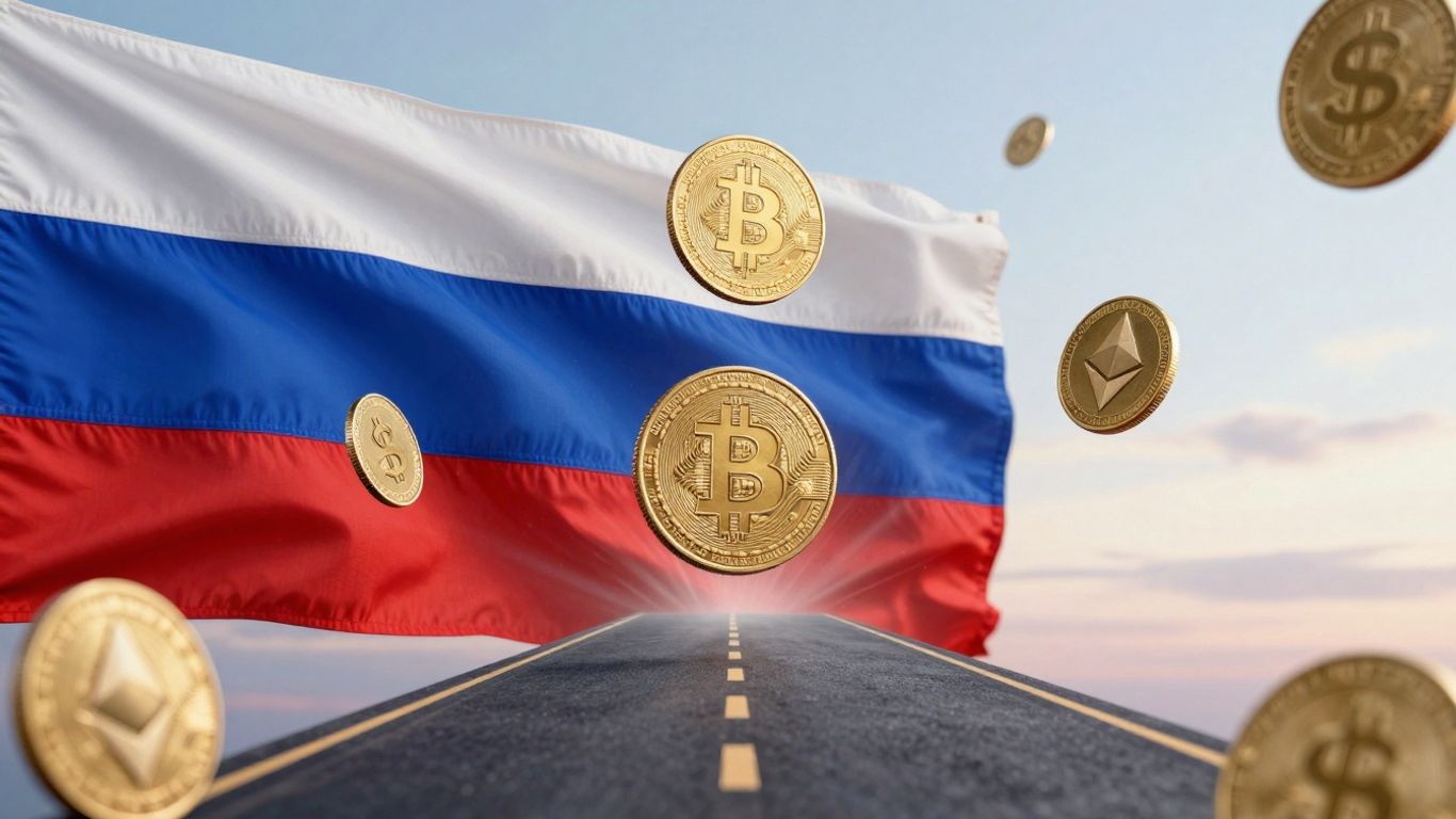 Russische Flagge mit Kryptowährungssymbolen und einem Weg.