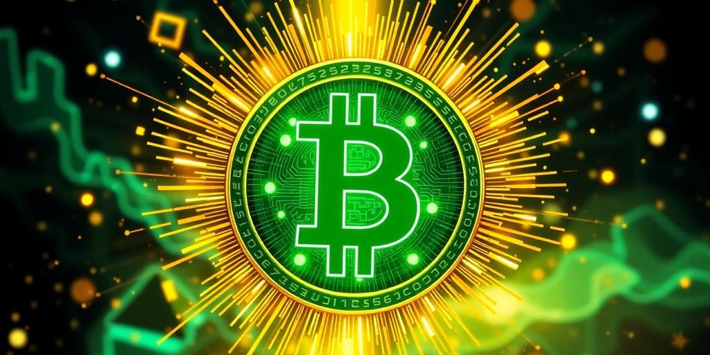 Bitcoin-Logo vor buntem Hintergrund von Gold und Grün.