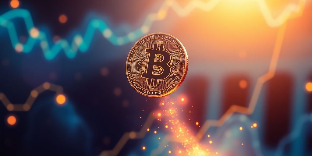 Bitcoin-Münze schwebt in strahlender, optimistischer Atmosphäre.