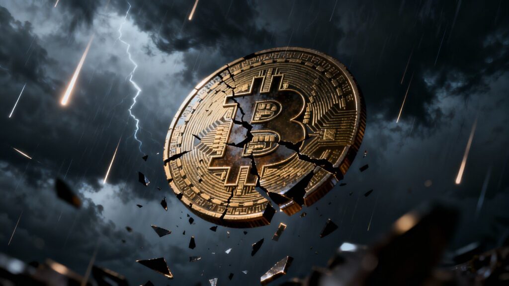 Bitcoin-Logo fällt, dunkler Hintergrund, unsichere Stimmung.