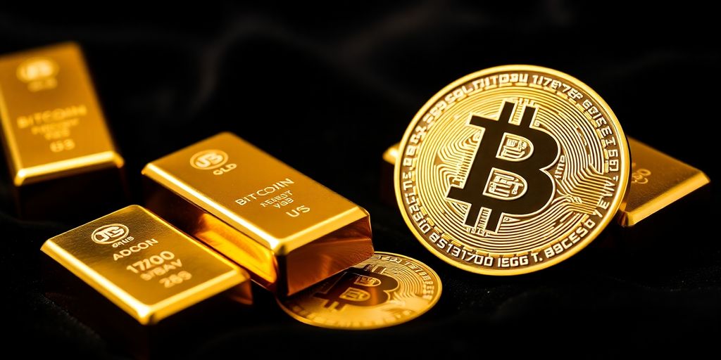 Goldbarren und Bitcoin auf dunklem Hintergrund