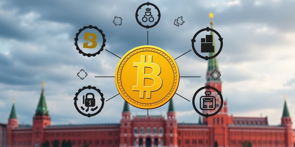 Bitcoin-Münze mit Regulierungsymbolen und Kreml im Hintergrund.