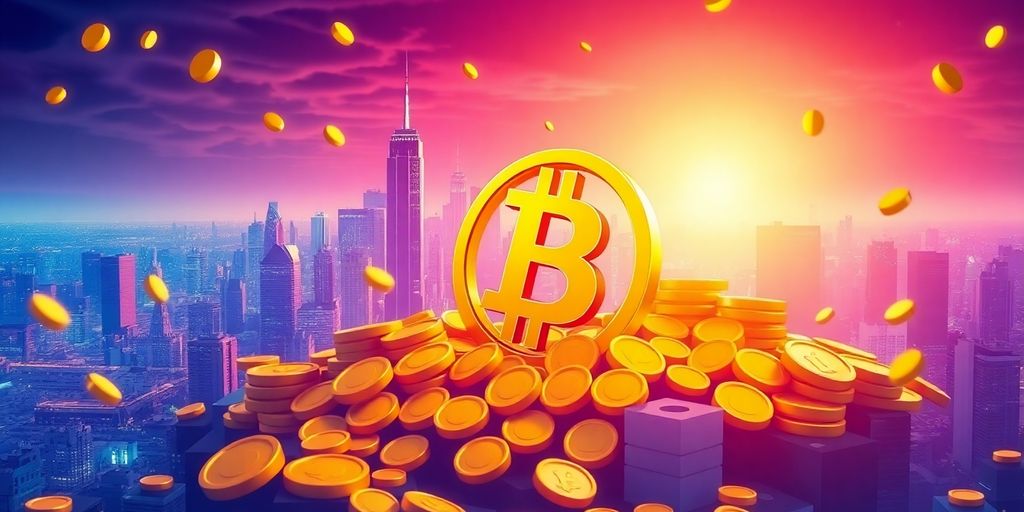 Bitcoin-Symbol umgeben von Goldmünzen und Skyline.