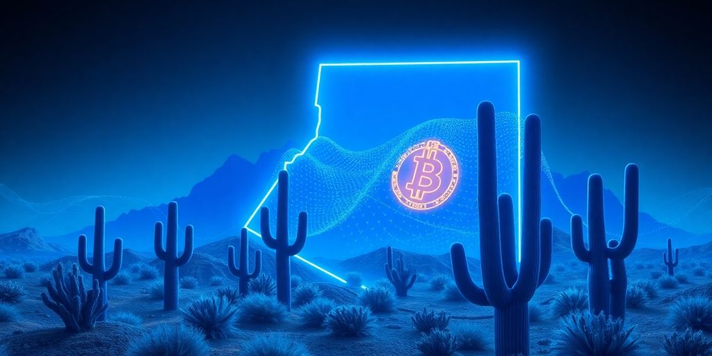Futuristische Arizona-Landschaft mit Bitcoin-Elementen und Kaktus.