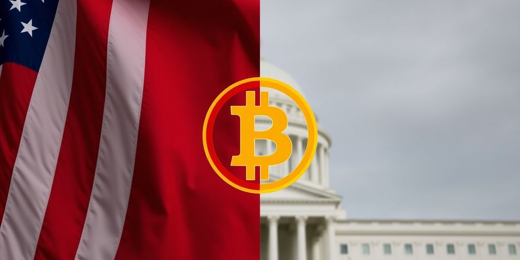 US-Flagge neben Bitcoin-Symbol und Gesetzbuch.