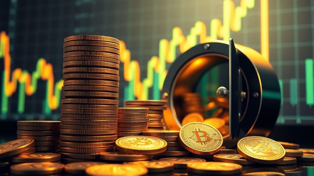 Bitcoin Münzen stapeln sich vor einem Tresor.