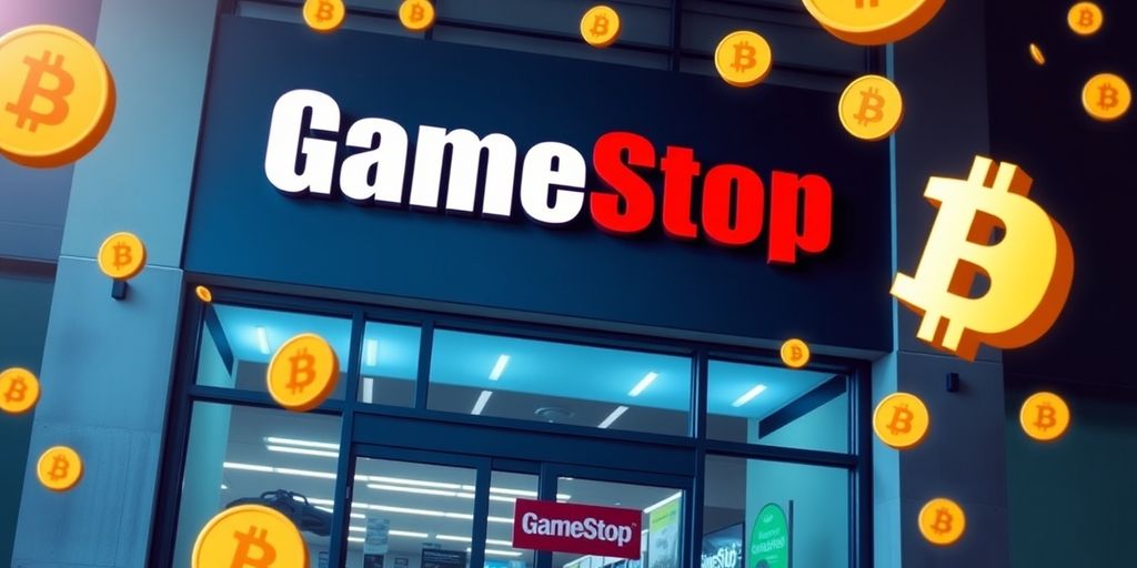 GameStop store with cryptocurrency symbols around it.