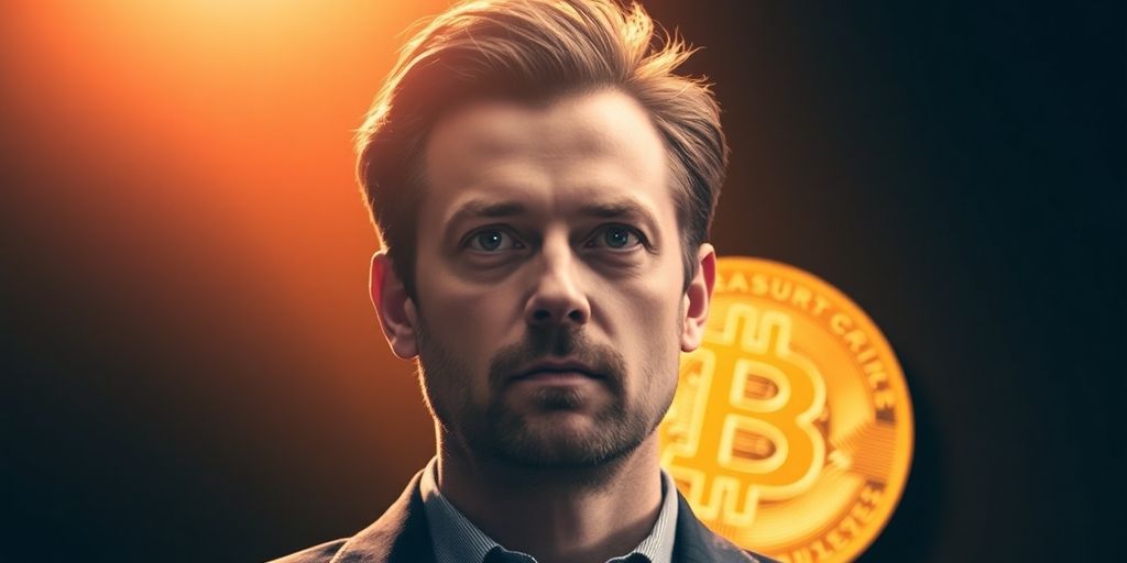 Ross Ulbricht mit Bitcoin-Symbol im Hintergrund