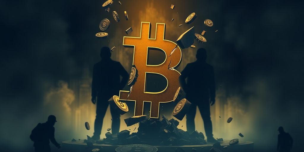 Zerrissenes Bitcoin-Logo umgeben von schattenhaften Figuren.
