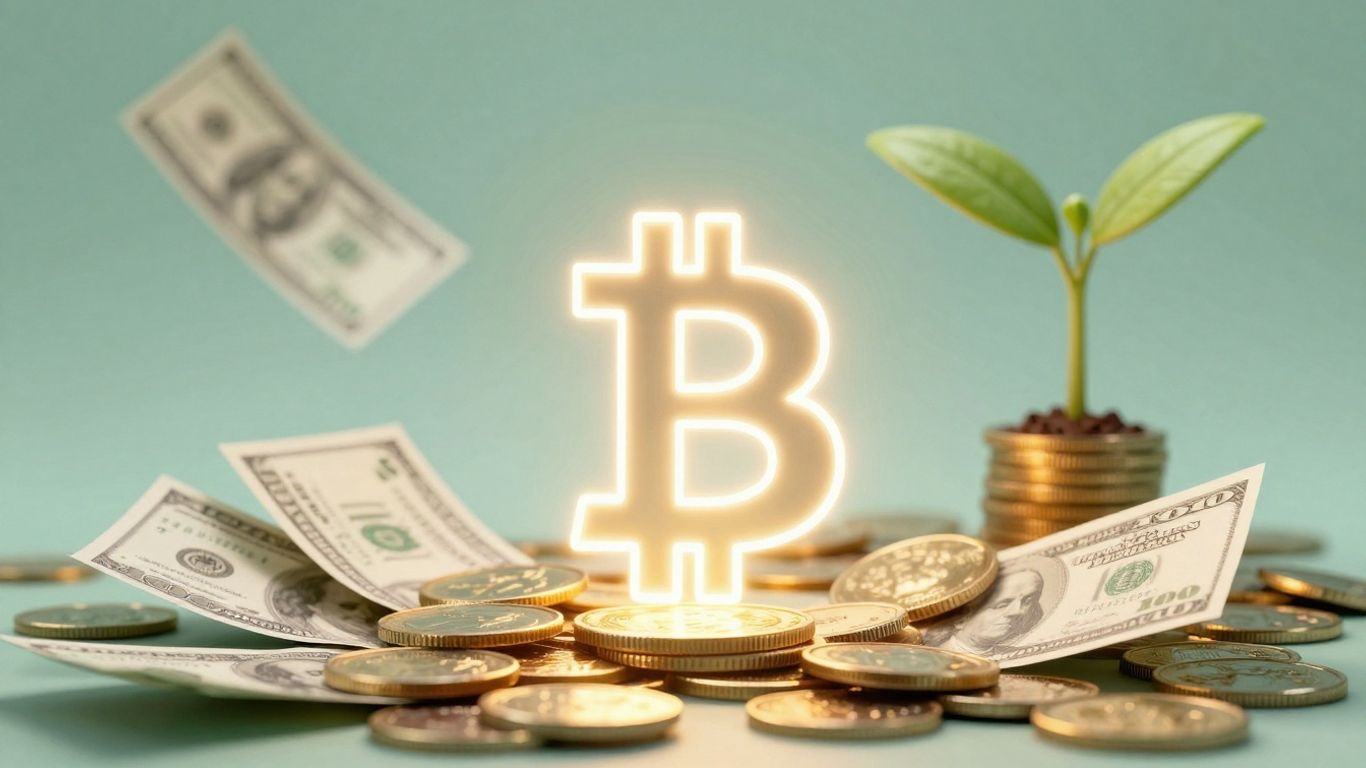 Bitcoin und Geld mit einer Pflanze