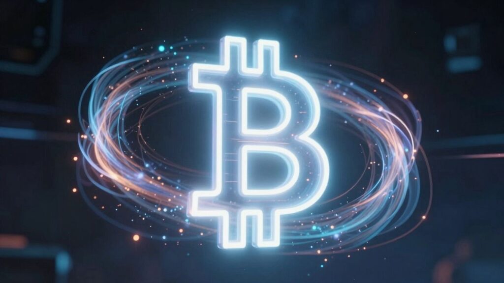 Bitcoin-Logo mit Quantenenergie und futuristischem Hintergrund.