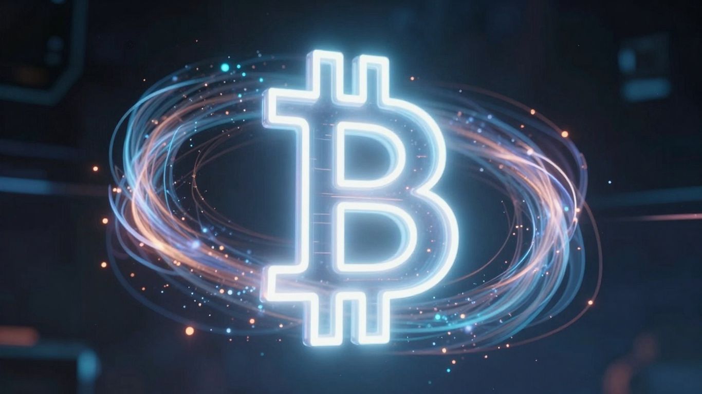 Bitcoin-Logo mit Quantenenergie und futuristischem Hintergrund.