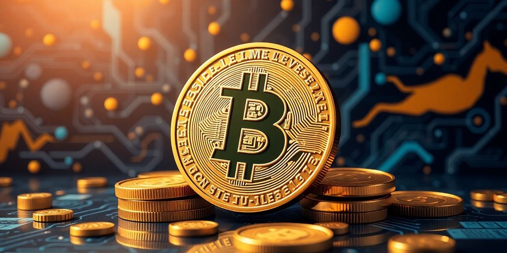 Bitcoin-Münzen und digitale Schaltkreise in einem Bild.