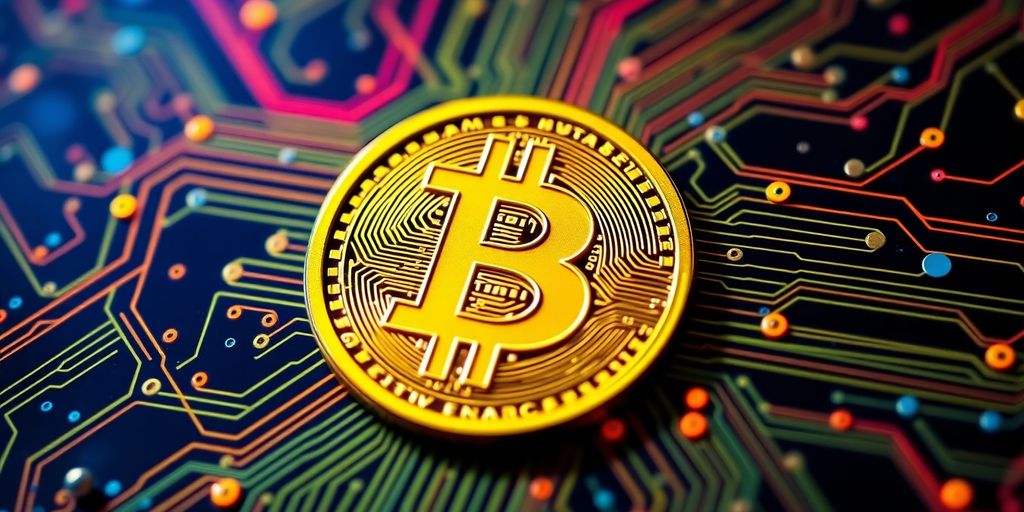 Bitcoin Logo mit digitalem Hintergrund in lebendigen Farben.