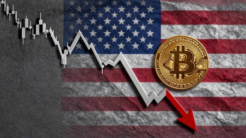 Bitcoin-Aktie fällt stark, amerikanische Flagge im Hintergrund.