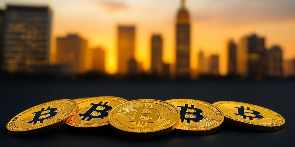 Bitcoin-Symbole umgeben von Unternehmensgebäuden.