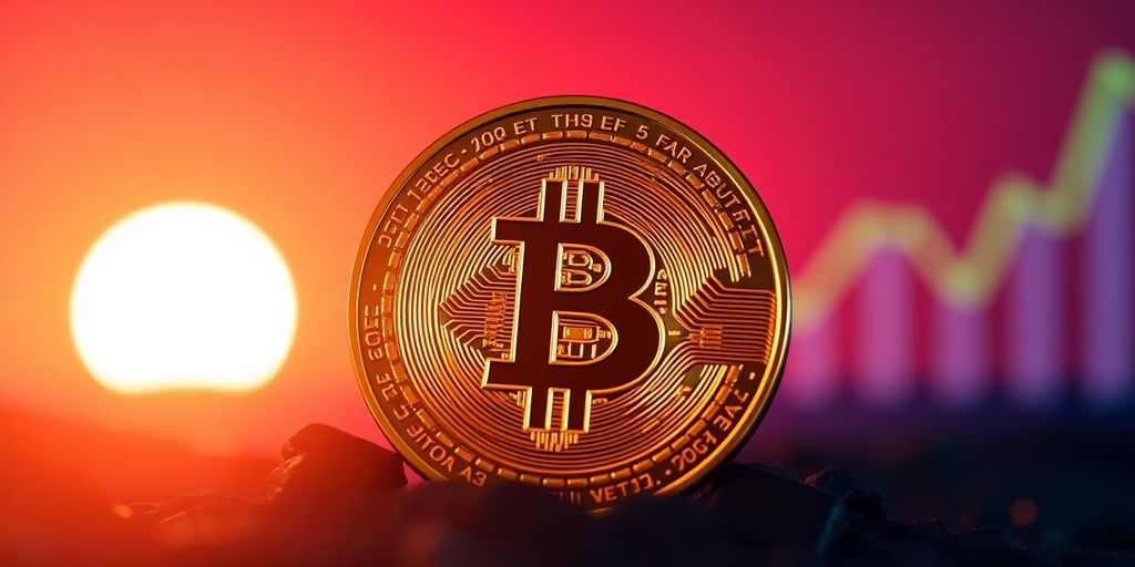 Golden Bitcoin against a bright sunrise backdrop.