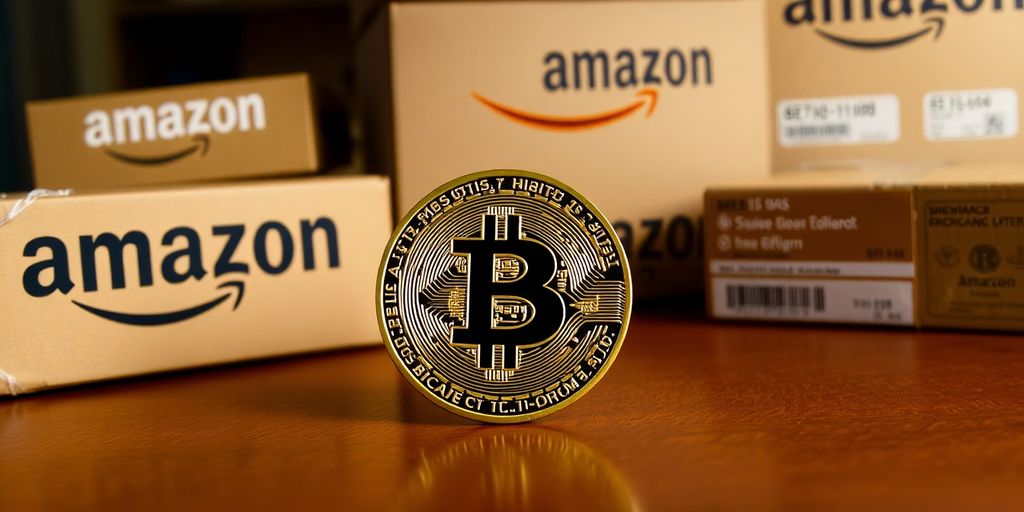 Bitcoin-Münze auf einem Holztisch mit Amazon-Produkten.
