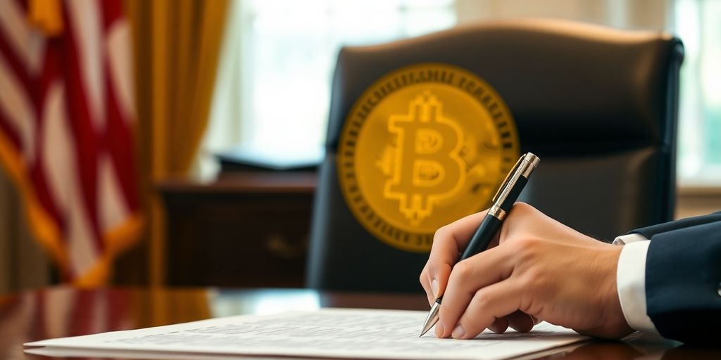 Hand unterschreibt Dokument mit Bitcoin-Logo im Hintergrund.