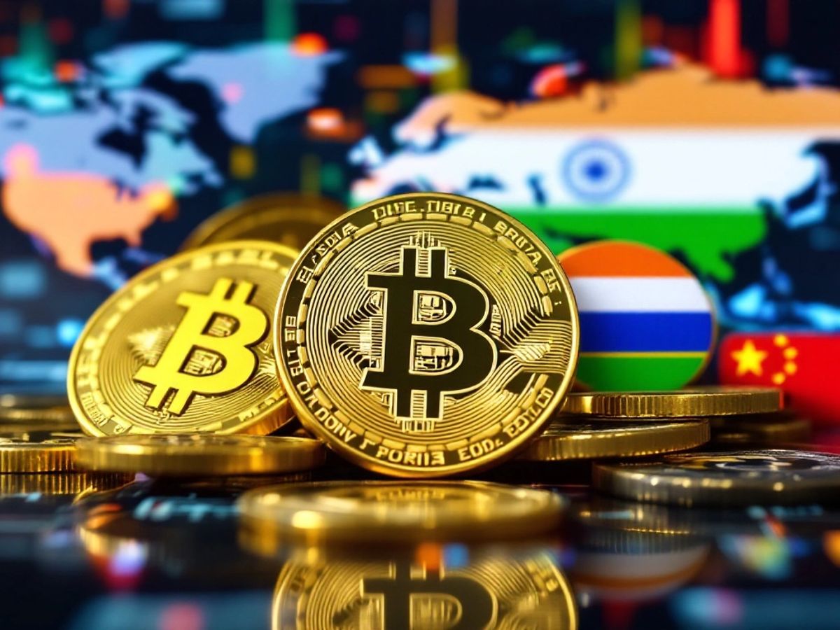Bitcoin-Münzen und BRICS-Länderflaggen auf Weltkarte.