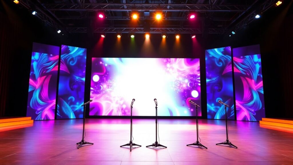 Bühne mit digitalem Bildschirm und Mikrofonen