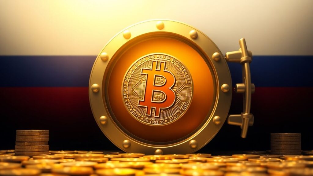 Bitcoin und russische Flagge im Finanzsystem