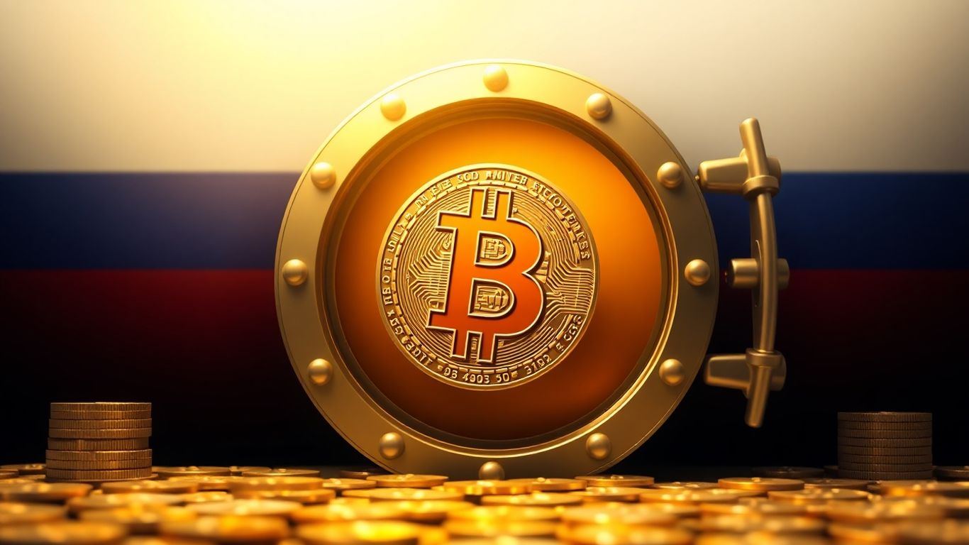 Bitcoin und russische Flagge im Finanzsystem