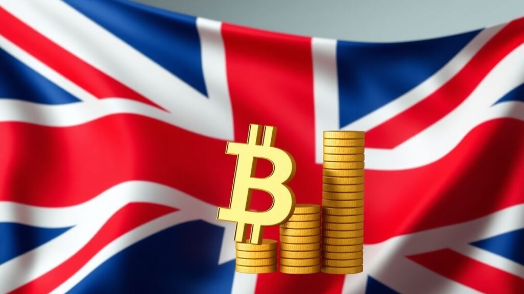 Britische Flagge und Bitcoin-Symbol steigen auf.