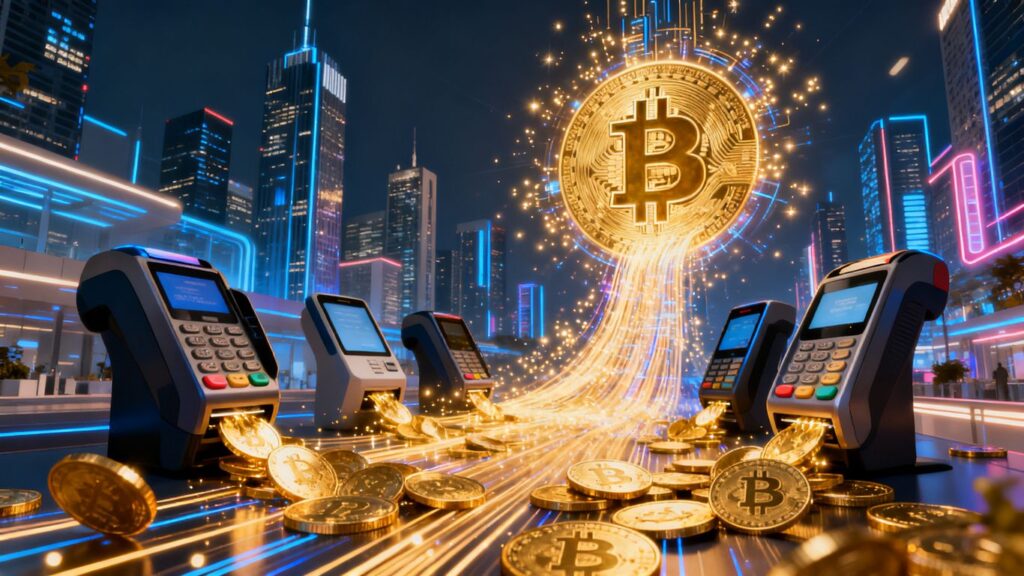 Bitcoin Logo und Stadtbild mit Zahlungsflüssen