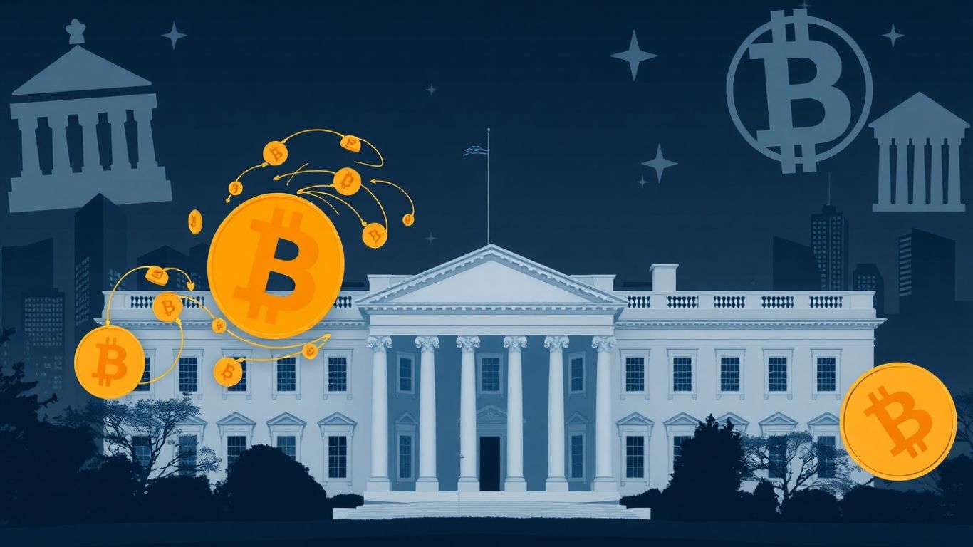 Weißes Haus und Bitcoin-Symbole mit Finanzgebäuden im Hintergrund.