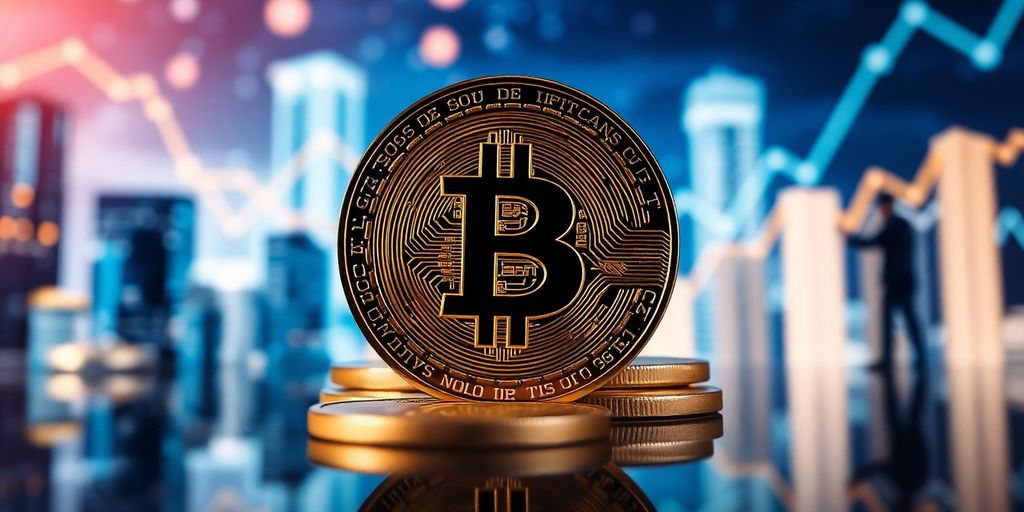 Bitcoin-Münzen mit Firmenlogos im Hintergrund.