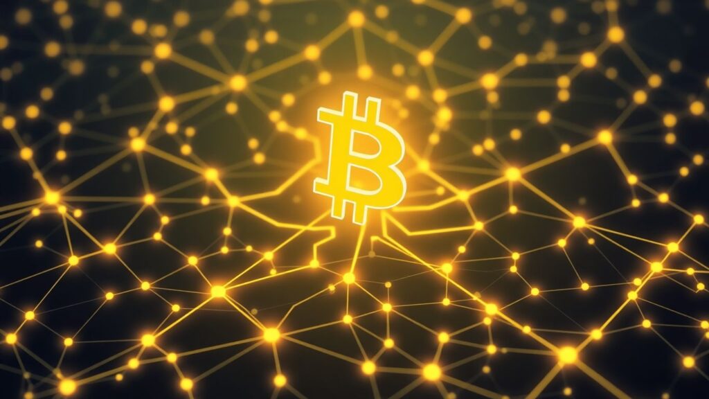Bitcoin-Netzwerk mit leuchtendem Logo und digitalen Verbindungen.