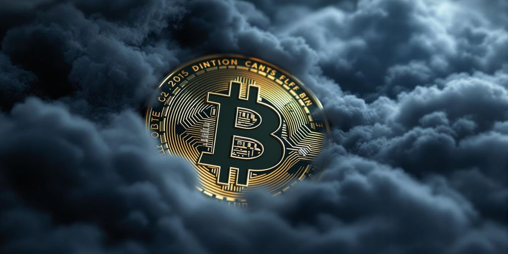Bitcoin-Münze auf dunklem Hintergrund mit Wolken.